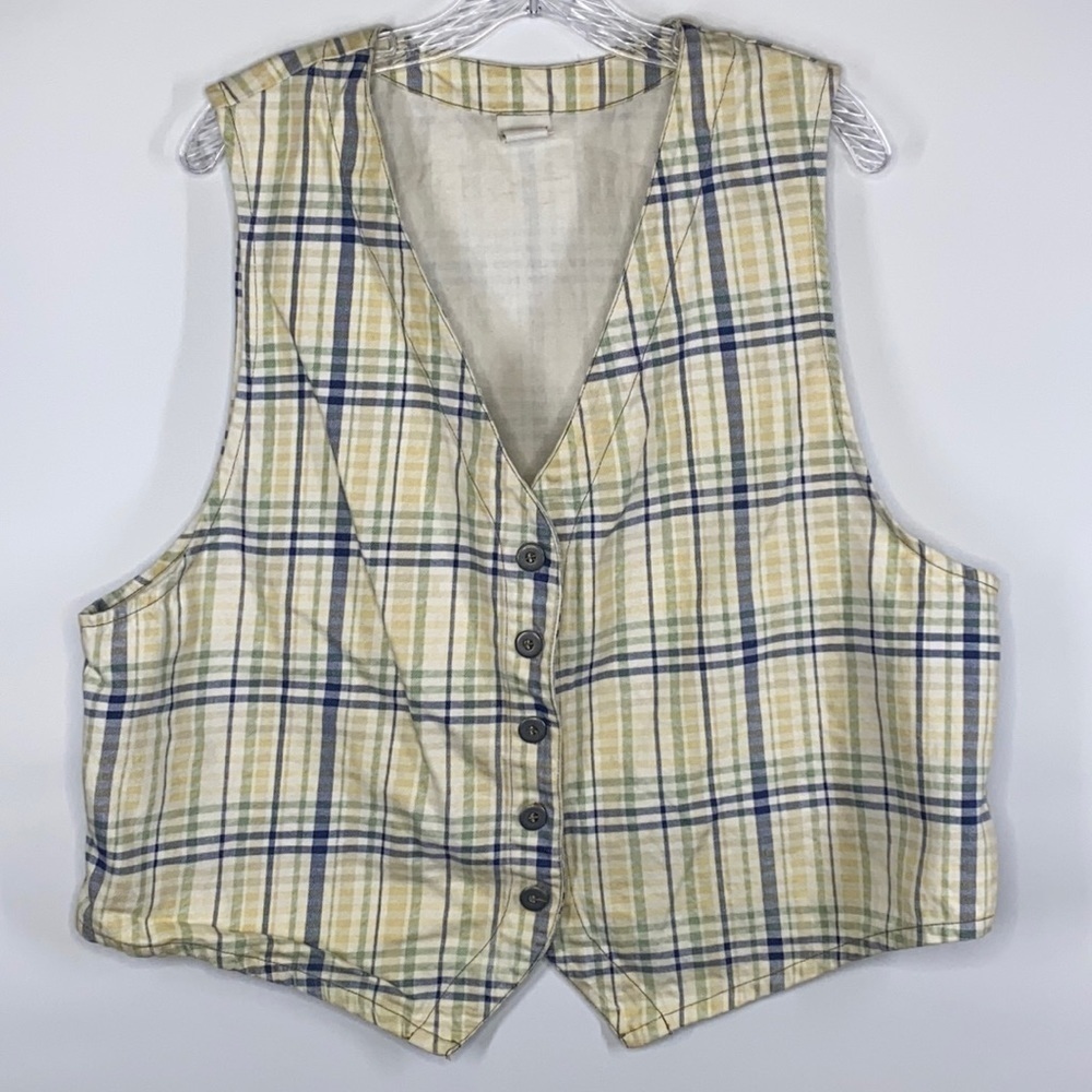 Vintage Cherokee Yellow Blue Plaid Button Front Vest Size 18W/20W